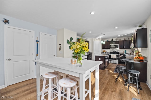 kitchen featuring a center island, hanging light fixtures, dark brown cabinets, light hardwood / wood-style floors, and stainless steel appliances