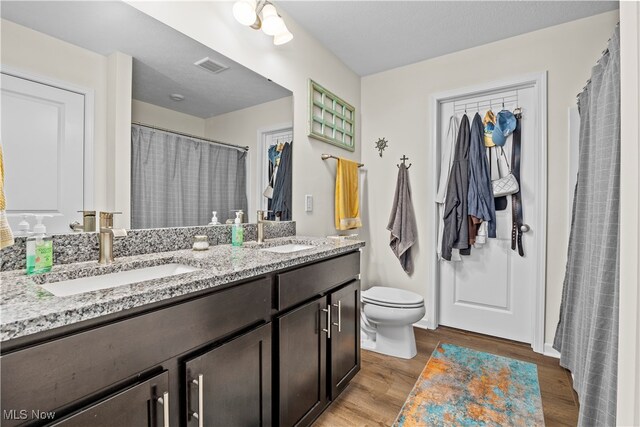 bathroom featuring hardwood / wood-style flooring, vanity, and toilet