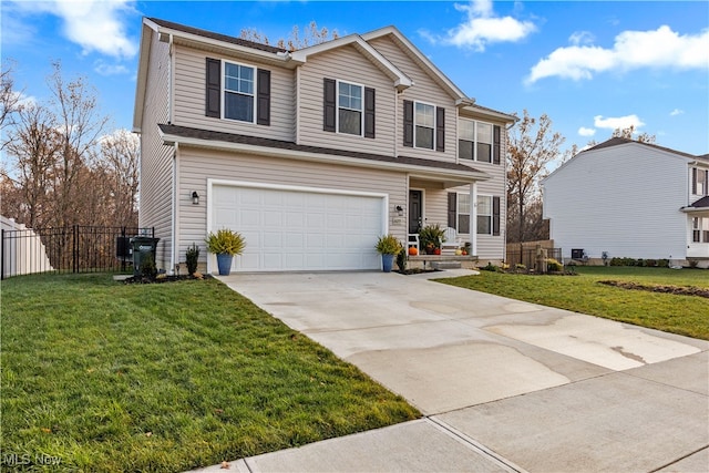 view of front of property with a front lawn and a garage