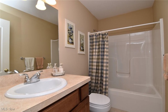 full bathroom with vanity, shower / bathtub combination with curtain, and toilet