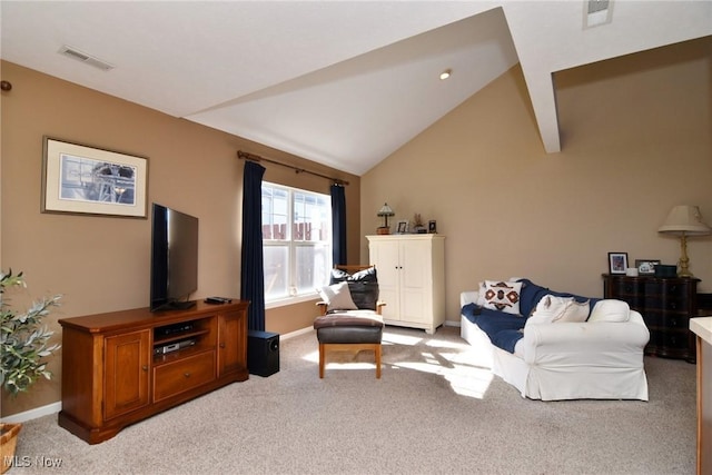 living room featuring vaulted ceiling and light colored carpet