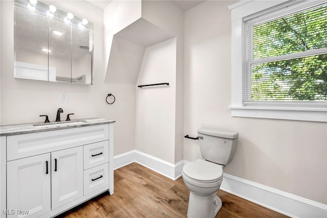 bathroom featuring wood-type flooring, vanity, and toilet