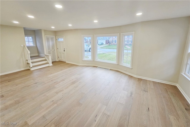 unfurnished living room featuring light hardwood / wood-style floors and a wealth of natural light