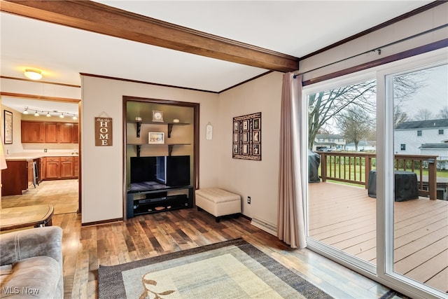 living room with beam ceiling and light hardwood / wood-style flooring