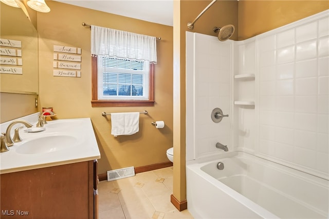 full bathroom featuring tile patterned flooring, shower / tub combination, vanity, and toilet