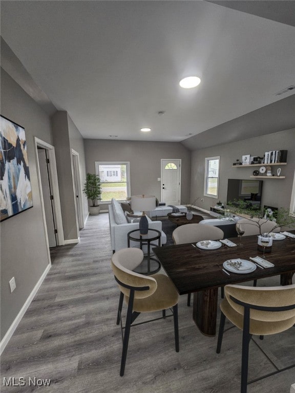 dining space with wood-type flooring