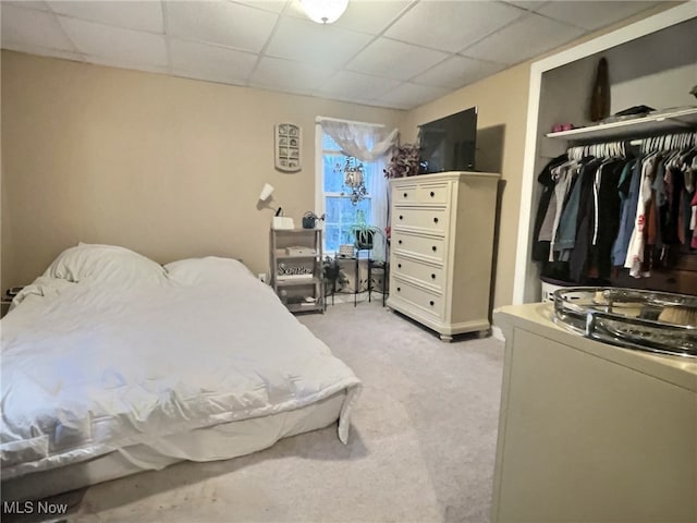 bedroom with a paneled ceiling, light colored carpet, and a closet