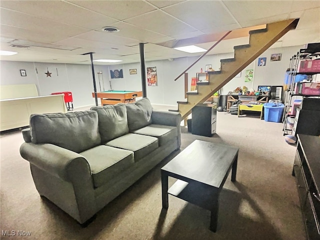 living room featuring carpet flooring, a paneled ceiling, and pool table