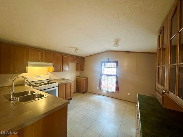 kitchen with a textured ceiling, vaulted ceiling, gas range gas stove, and sink