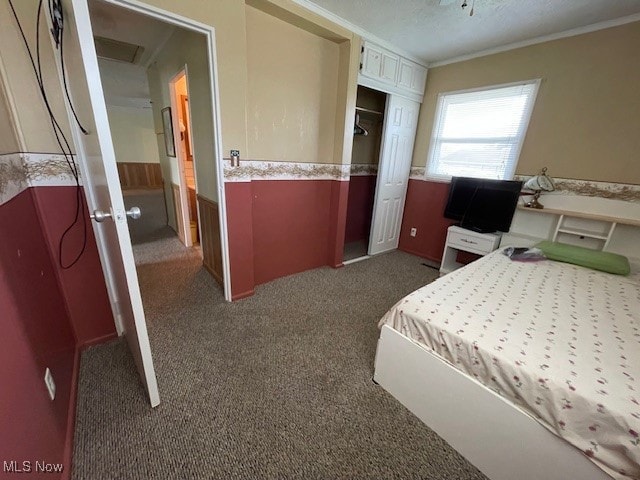 bedroom featuring dark carpet and a closet