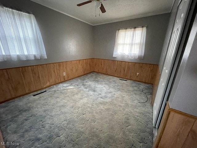 carpeted empty room featuring ceiling fan and wood walls