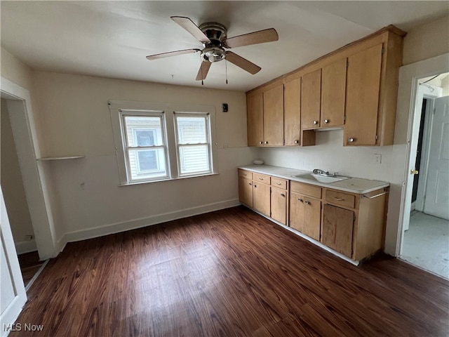 kitchen with dark wood-type flooring, ceiling fan, and sink