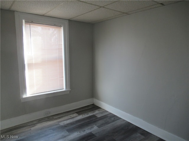 empty room with dark hardwood / wood-style flooring, a paneled ceiling, and a wealth of natural light