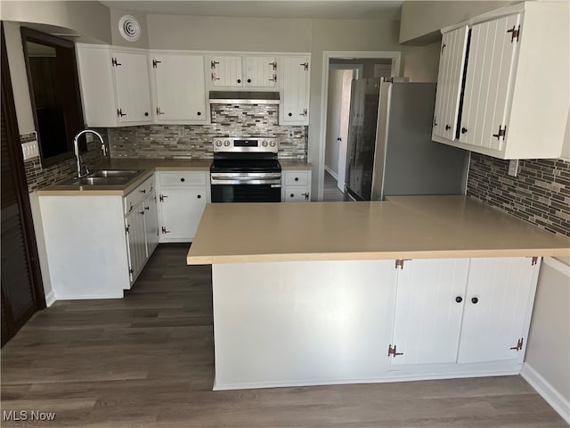 kitchen featuring stainless steel appliances, sink, white cabinets, and kitchen peninsula