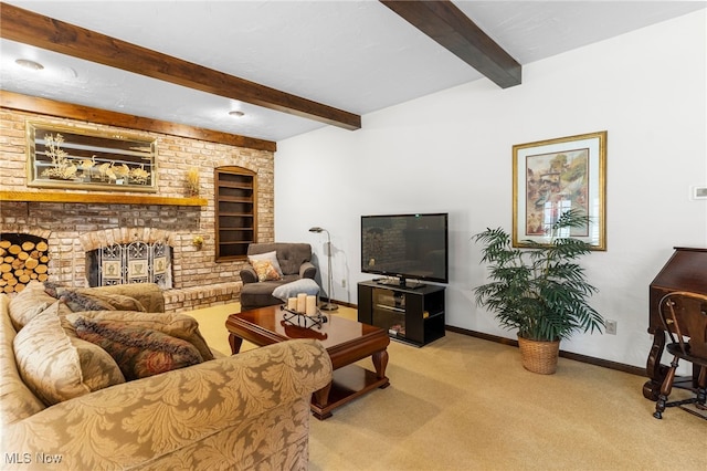 carpeted living room with beam ceiling and a fireplace