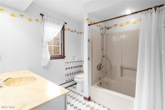 full bathroom featuring shower / bath combo, vanity, toilet, and baseboard heating