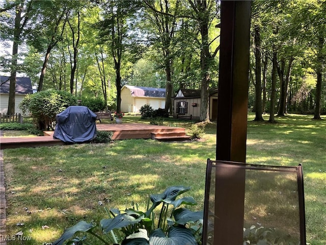 view of yard with an outbuilding and a deck