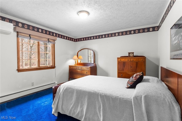 carpeted bedroom featuring an AC wall unit, a textured ceiling, and baseboard heating