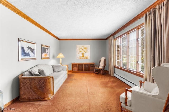 carpeted living room with crown molding, a textured ceiling, and a baseboard heating unit