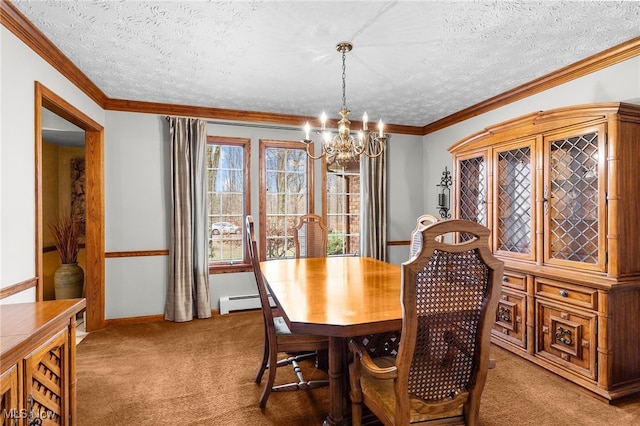 carpeted dining space with a notable chandelier, crown molding, and a textured ceiling