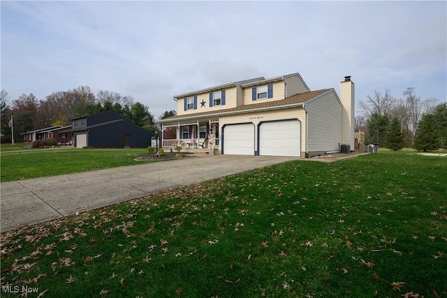 front of property with covered porch, a garage, central AC unit, and a front yard