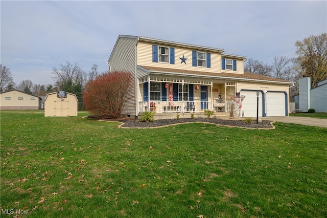 front facade with a front lawn, a garage, a porch, and a storage unit