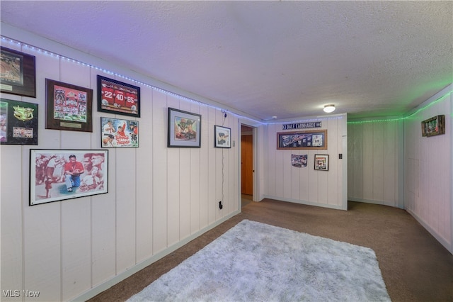 basement with carpet, a textured ceiling, and wood walls