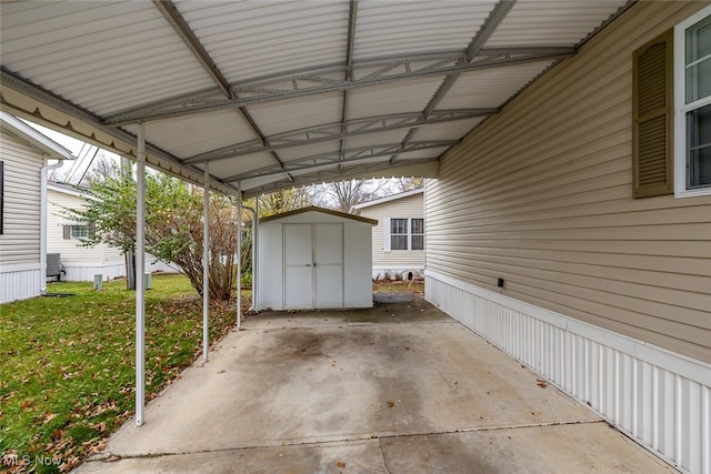 exterior space featuring a shed and a carport