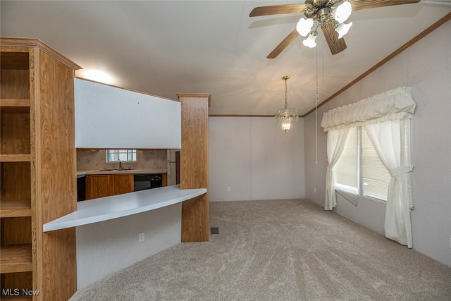 unfurnished office featuring light carpet, vaulted ceiling, ceiling fan, crown molding, and sink