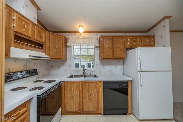 kitchen featuring white appliances, sink, extractor fan, and ornamental molding