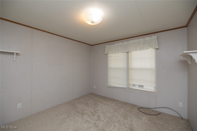 carpeted empty room featuring a textured ceiling and ornamental molding