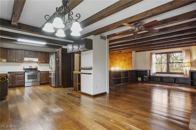 kitchen with pendant lighting, wood-type flooring, beam ceiling, dark brown cabinetry, and stainless steel appliances