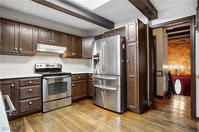 kitchen with dark brown cabinets, beam ceiling, stainless steel appliances, and light hardwood / wood-style flooring