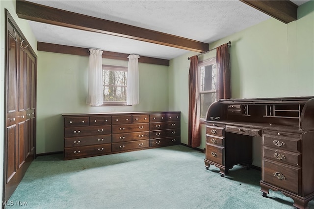 carpeted office space with beamed ceiling, a textured ceiling, and plenty of natural light