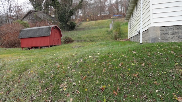 view of yard featuring a storage shed