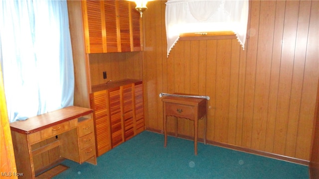 interior space with wooden walls and dark carpet