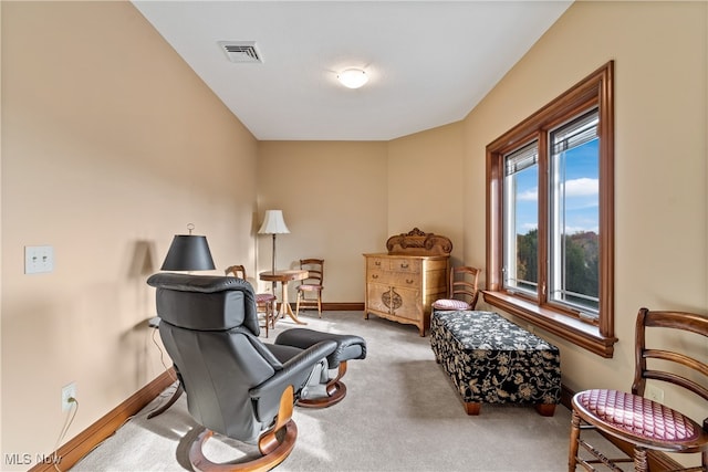 living area featuring carpet flooring