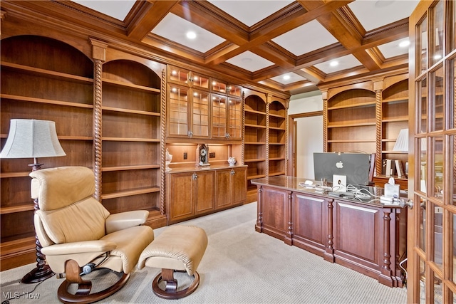 carpeted home office featuring beamed ceiling, built in shelves, crown molding, and coffered ceiling