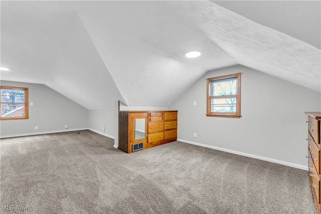 bonus room featuring a textured ceiling, carpet floors, a healthy amount of sunlight, and lofted ceiling