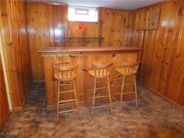 bar featuring dark carpet and wood walls