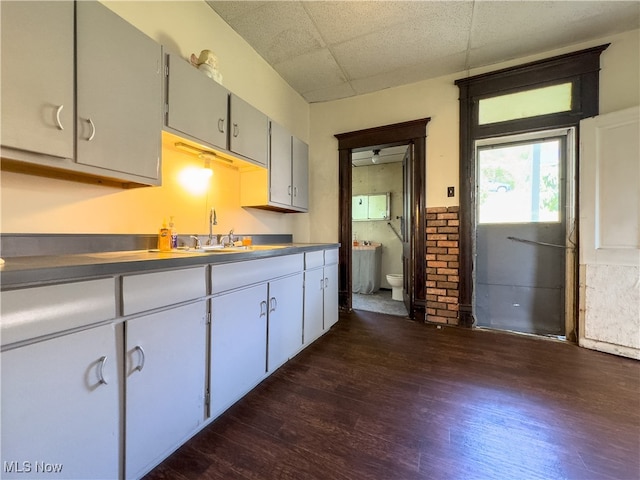 kitchen with a paneled ceiling, sink, and dark wood-type flooring