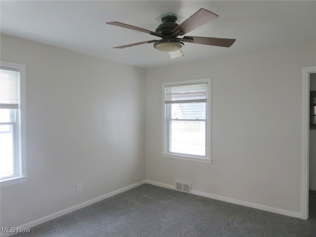 carpeted spare room with ceiling fan and a healthy amount of sunlight