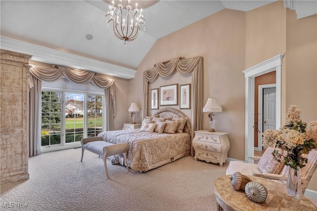 carpeted bedroom with high vaulted ceiling and a notable chandelier