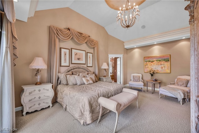 carpeted bedroom featuring ensuite bath, lofted ceiling, and an inviting chandelier