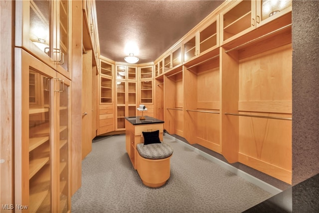 walk in closet with dark carpet