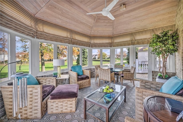 sunroom / solarium featuring ceiling fan and wood ceiling