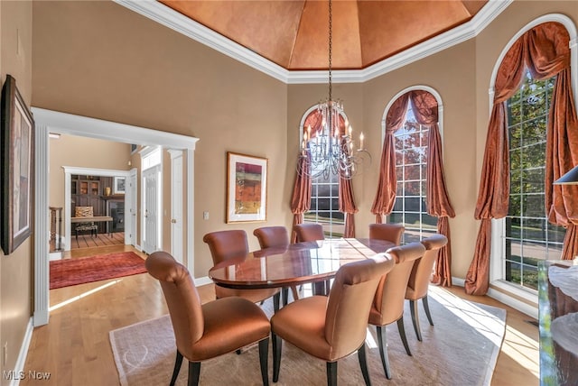 dining room with light hardwood / wood-style flooring, a healthy amount of sunlight, and crown molding