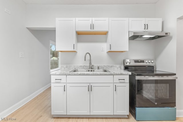 kitchen featuring white cabinetry, sink, stainless steel electric range, and light wood-type flooring