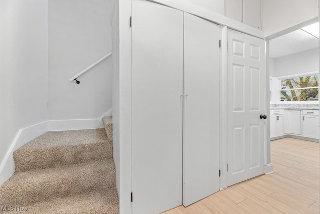 staircase with hardwood / wood-style floors