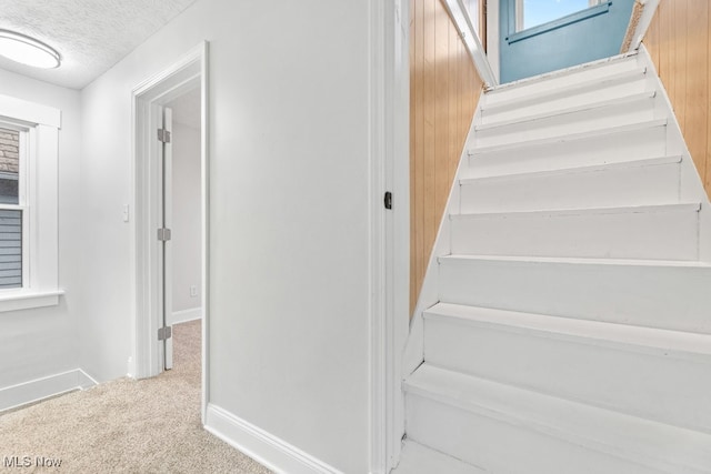 stairway with carpet flooring and a textured ceiling